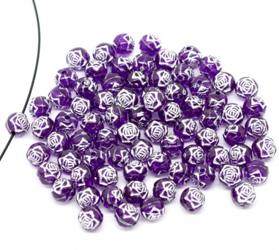 Picture of Acrylic Silver Accent Bubblegum Beads Rose Flower Purple Foil About 8mm( 3/8") Dia, Hole: Approx 1mm, 300 PCs