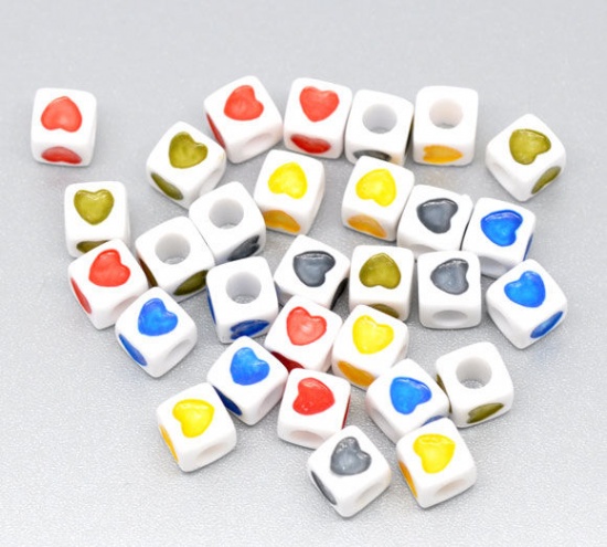 Picture of Acrylic Bubblegum Beads Cube At Random Mixed Heart Carved About 7mm x 7mm, Hole: Approx 3.8mm, 300 PCs