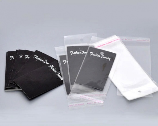 Picture of Paper & Plastic Jewelry Earrings Ear Studs Display Cards Rectangle Black W/ Self-Seal Bags 9x5cm(3 4/8"x 2") 15x6cm(5 7/8"x2 3/8"), 100 Sets