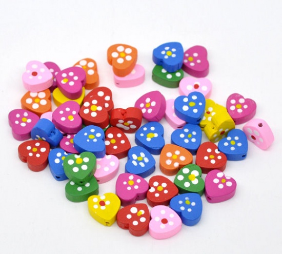 Picture of Natural Wood Spacer Beads Heart At Random Mixed Flower Pattern About 14mm x 13mm, Hole: Approx 2mm, 100 PCs