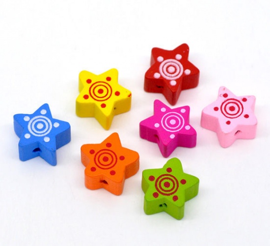 Picture of Wood Spacer Beads Pentagram Star At Random Mixed Sun Pattern About 15mm x 15mm, Hole: Approx 2mm, 100 PCs