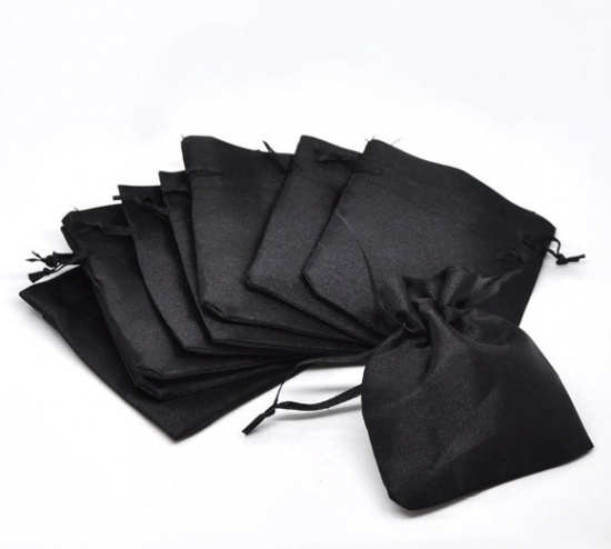 Picture of Wedding Gift Terylene Satin Jewelry Bags Drawstring Rectangle Black 9cm x7cm(3 4/8" x2 6/8"), 50 PCs