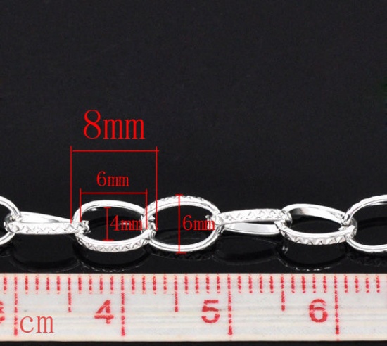 Picture of Iron Based Alloy Textured Link Cable Chain Findings Silver Plated 6x8mm(2/8"x3/8"), 13 M