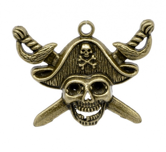 Picture of Zinc Based Alloy Halloween Pendants Pirate Skull Antique Bronze (Can Hold 4-5mm Rhinestone) 4.4cm(1 6/8") x 3.4cm(1 3/8"), 10 PCs