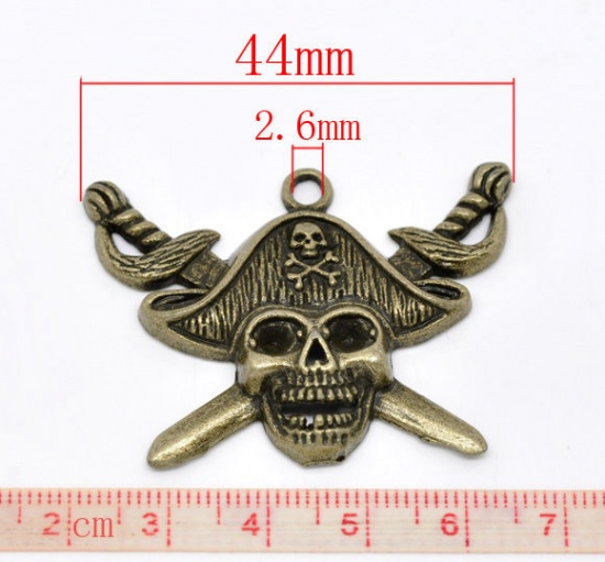 Picture of Zinc Based Alloy Halloween Pendants Pirate Skull Antique Bronze (Can Hold 4-5mm Rhinestone) 4.4cm(1 6/8") x 3.4cm(1 3/8"), 10 PCs