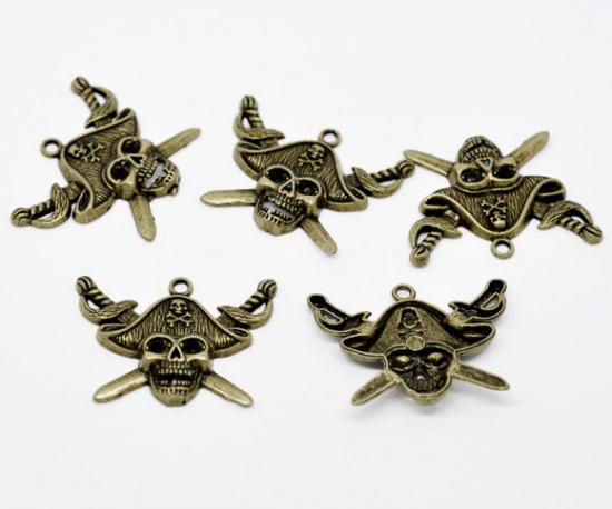 Picture of Zinc Based Alloy Halloween Pendants Pirate Skull Antique Bronze (Can Hold 4-5mm Rhinestone) 4.4cm(1 6/8") x 3.4cm(1 3/8"), 10 PCs