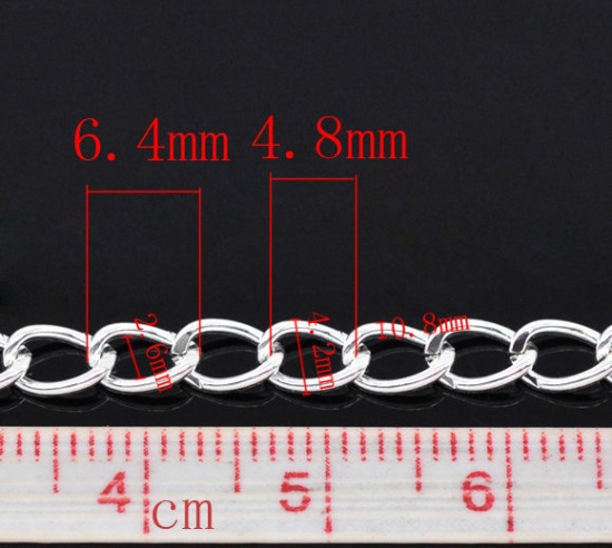 Picture of Iron Based Alloy Open Link Curb Chain Findings Silver Plated 6.4x4.2mm(2/8"x1/8"), 10 M