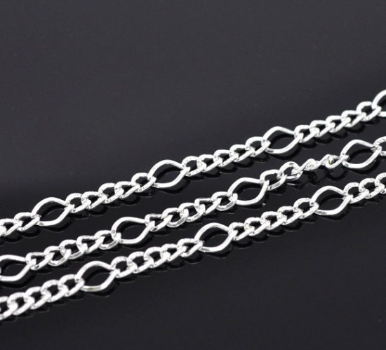 Bild von Eisen(Legierung) Offen Textil 5:1 Figarokette Panzerkette Kette Versilbert 8x5.5mm 5x3.5mm, 10 Meter