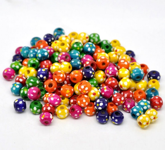 Bild von Holz Zwischenperlen Spacer Perlen Rund Mix Farben mit Punkt Muster 10mm x 9mm, Loch: 3.6mm, 300 Stücke