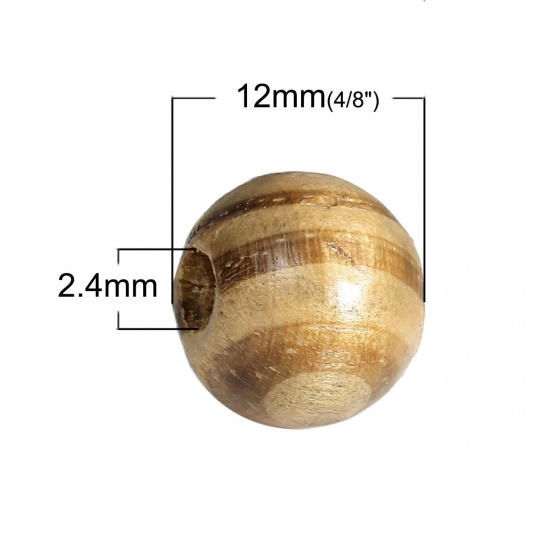ウッド スペーサ ビーズ 円形 ライトコーヒー ゼブラストライプ パターン 約 12mm直径、 穴：約 2.4mm、 100 個 の画像
