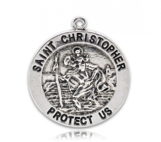 Picture of Zinc Based Alloy Pendants Round Antique Silver Color Religion Message " SAINT CHRISTOPHER PROTECT US " Carved 3.3cm(1 2/8") x 3cm(1 1/8"), 10 PCs