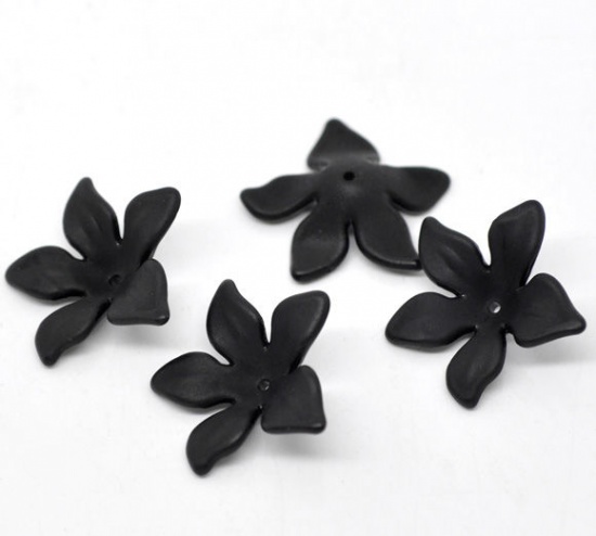 Picture of Frosted Acrylic Beads Lucite Lily Flower Black About 28mm x 7mm, Hole: Approx 1.3mm, 80 PCs