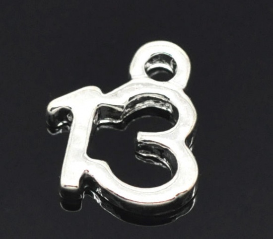 Picture of Silver Plated Number Age "13" Charm Pendants 11x9mm, sold per packet of 50