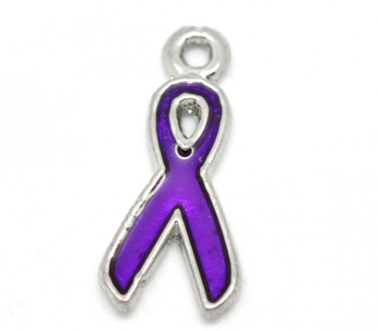 Picture of Purple Enamel Ribbon Awareness Charm Pendants 20x9mm(3/4"x3/8"), sold per packet of 20