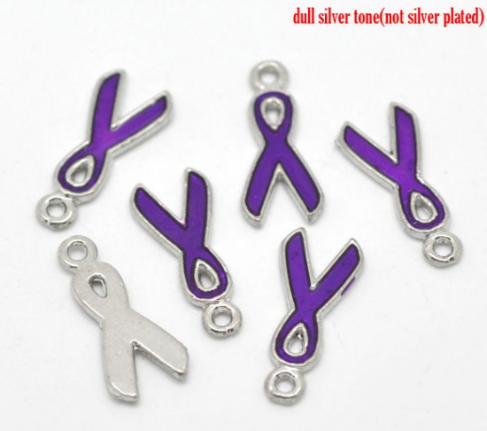 Picture of Purple Enamel Ribbon Awareness Charm Pendants 20x9mm(3/4"x3/8"), sold per packet of 20