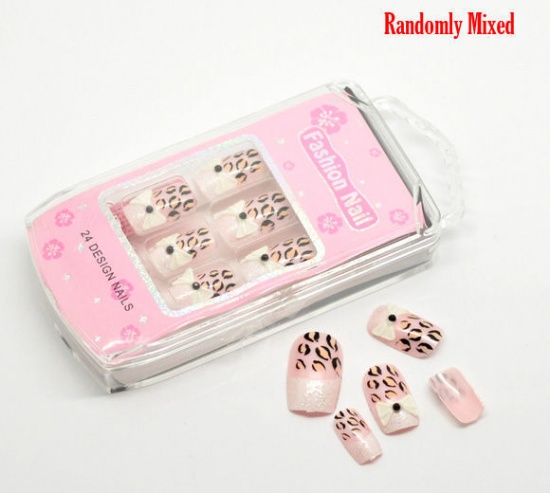 Picture of Resin Glue On False Nails At Random Mixed Leopard Print Light Pink With Glue 14mm x7mm( 4/8" x 2/8") - 23mm x14mm( 7/8" x 4/8"), 2 Boxes(Approx 20 PCs/Box)