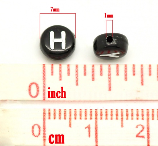 Picture of Acrylic Spacer Beads Round Black At Random Mixed Alphabet/ Letter About 7mm Dia, Hole: Approx 1mm, 1000 PCs