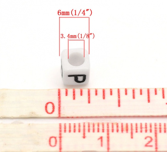 Picture of Acrylic Spacer Beads Cube White At Random Mixed Alphabet/ Letter About 6mm x 6mm, Hole: Approx 3.4mm, 500 PCs