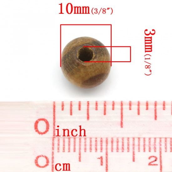 ウッド スペーサ ビーズ 円形 コーヒー色 ゼブラストライプ パターン 約 10mm直径、 穴：約 3mm、 300 個 の画像