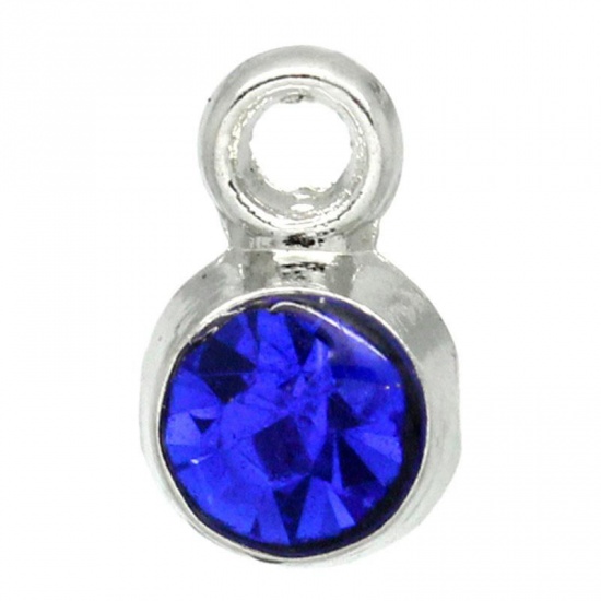 Picture of Zinc Based Alloy September Birthstone Charms Round Silver Tone Dark Blue ss18 Rhinestone 8mm( 3/8") x 5mm( 2/8"), 50 PCs