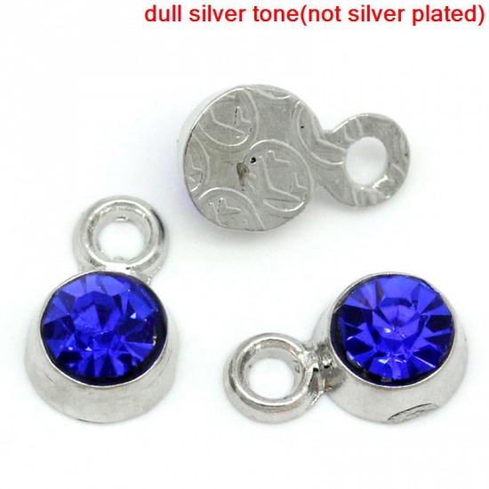 Picture of Zinc Based Alloy September Birthstone Charms Round Silver Tone Dark Blue ss18 Rhinestone 8mm( 3/8") x 5mm( 2/8"), 50 PCs