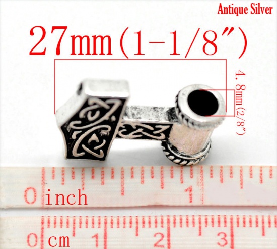 Immagine di Lega di Zinco Stile Europeo Perline Argento Antico Il Martello del Dio Nordico Thor 27mm x 21mm, Foro:Circa 4.8mm, 10 Pz