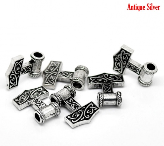 Immagine di Lega di Zinco Stile Europeo Perline Argento Antico Il Martello del Dio Nordico Thor 27mm x 21mm, Foro:Circa 4.8mm, 10 Pz