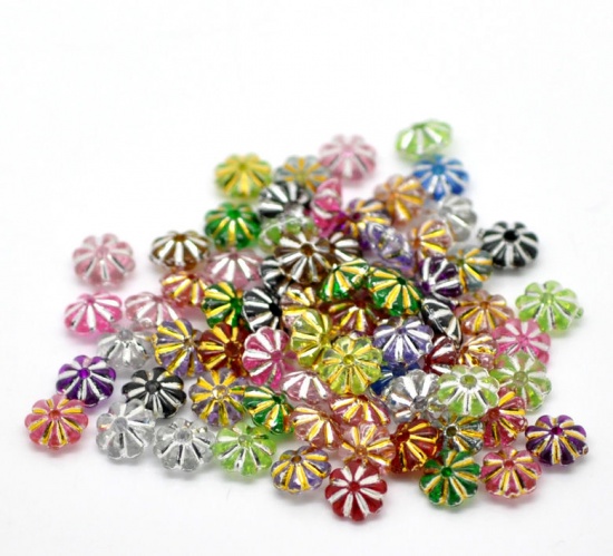 Picture of Acrylic Silver Accent Beads Flower At Random Mixed Stripe Pattern About 6.5mm Dia, Hole: Approx 1mm, 1000 PCs