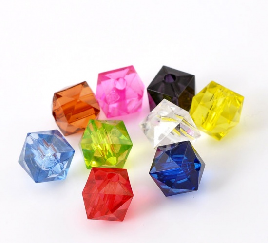 Picture of Transparent Acrylic Bubblegum Beads Cube At Random Mixed Faceted About 10mm x 10mm, Hole: Approx 2mm, 200 PCs