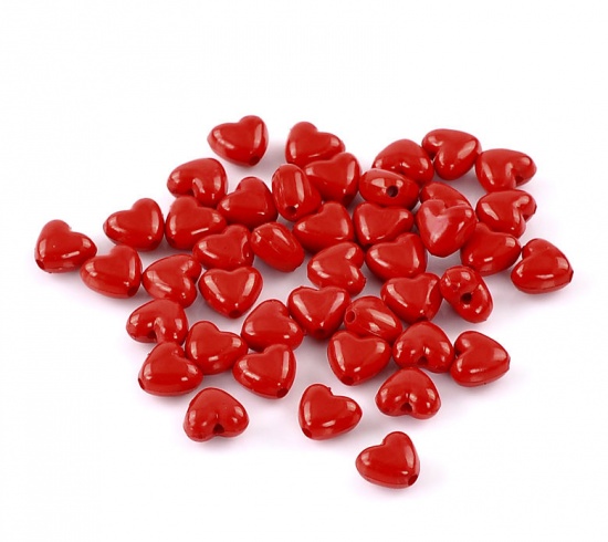Picture of Acrylic Opaque Beads Heart Red Polished About 11mm x 10mm, Hole: Approx 2mm, 200 PCs