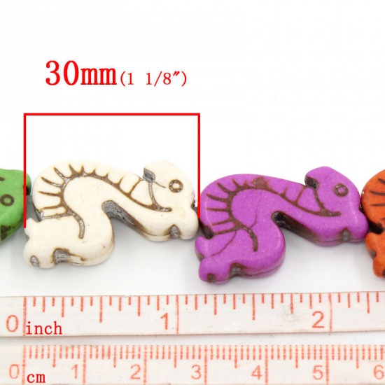 Picture of Ocean Jewelry (Grade D) Howlite Imitated Turquoise At Random Color Mixed Loose Beads Seahorse About 30mm x 18mm(1 1/8" x 3/8"), Hole: Approx 2mm, 36cm long, 1 Strand (Approx 13 PCs/Strand)