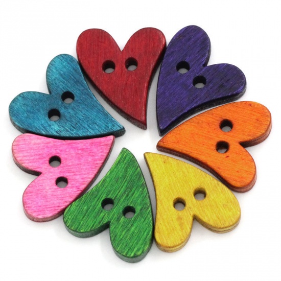 Picture of Wood Sewing Buttons Scrapbooking 2 Holes Heart At Random Mixed 21mm(7/8") x 17mm( 5/8"), 100 PCs