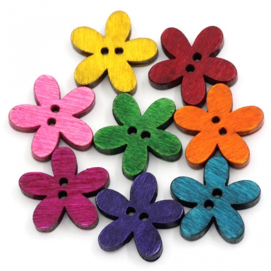 Picture of Wood Sewing Buttons Scrapbooking 2 Holes Flower At Random Mixed 20mm( 6/8") x 19mm( 6/8"), 100 PCs