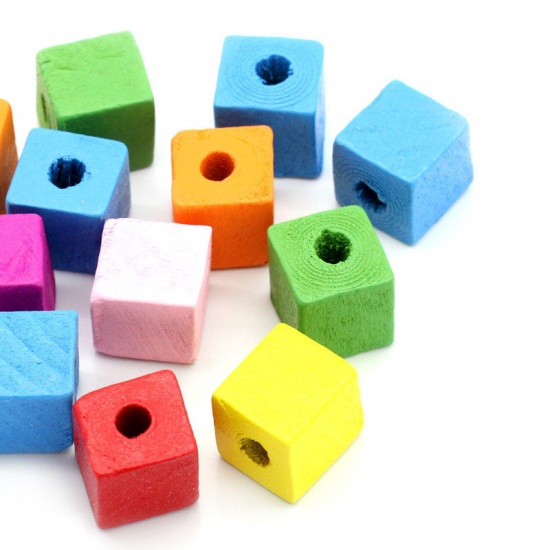 Picture of Wood European Style Large Hole Charm Beads Cube At Random Mixed 14x13mm, Hole: Approx 4.5mm, 50 PCs