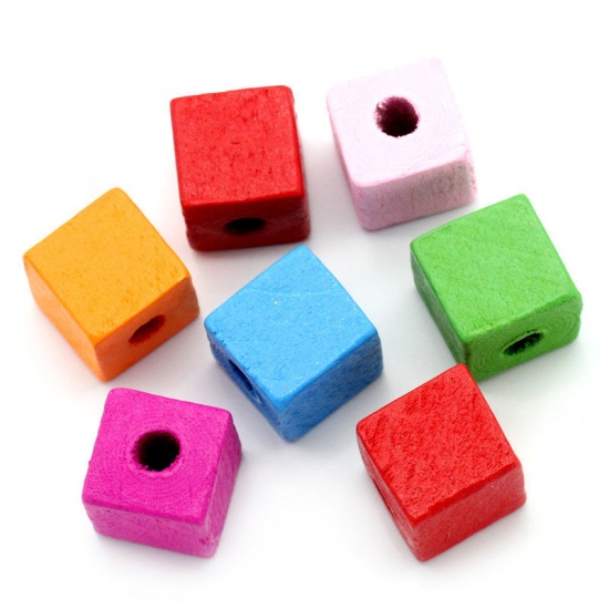 Picture of Wood European Style Large Hole Charm Beads Cube At Random Mixed 14x13mm, Hole: Approx 4.5mm, 50 PCs