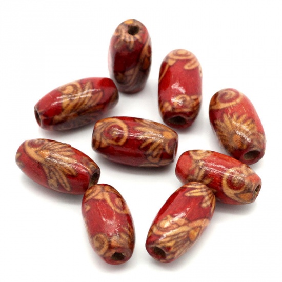 Picture of Wood Spacer Beads Oval Red Pattern Carved 15x9mm,Hole:Approx 3mm,20PCs