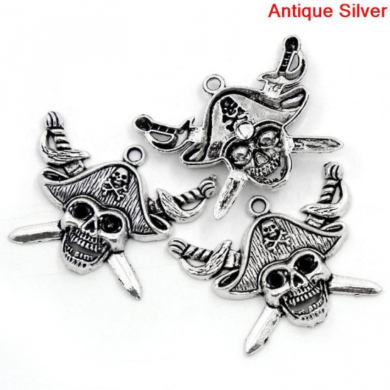 Picture of Zinc Based Alloy Halloween Pendants Skull With Cross Sword Antique Silver Color (Can Hold ss16 Rhinestone) 4.5cm x 3.4cm(1 6/8"x1 3/8"), 10 PCs