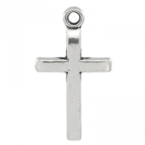 Immagine di Lega di Zinco Charm Ciondoli Croce Argento Antico Nulla Disegno 24.0mm x 14.0mm, 60 Pz