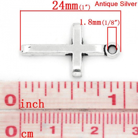 Immagine di Lega di Zinco Charm Ciondoli Croce Argento Antico Nulla Disegno 24.0mm x 14.0mm, 60 Pz