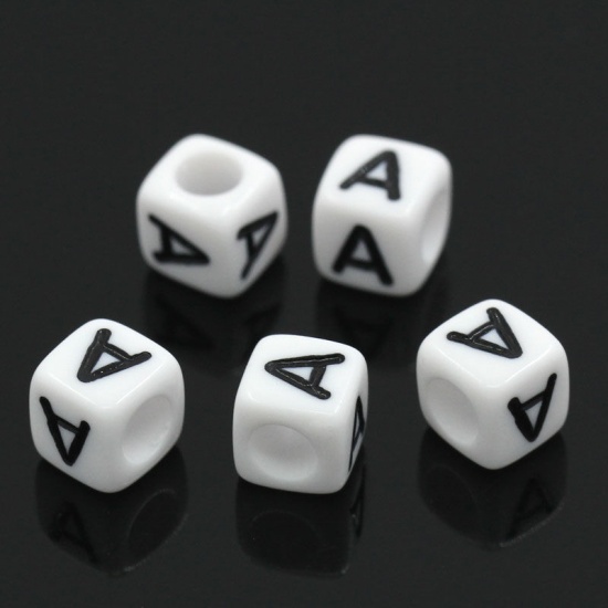 Picture of Acrylic Spacer Beads Cube White Alphabet/ Letter "A" About 6mm x 6mm, Hole: Approx 3.5mm, 500 PCs