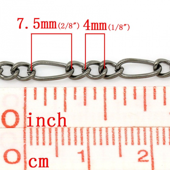 Picture of Iron Based Alloy Open 3:1 Figaro Link Curb Chain Findings Gunmetal 7.5x3.4mm(2/8"x1/8") 4x3mm(1/8"x1/8"), 5 M