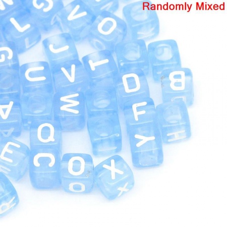 Acrylic Spacer Beads Cube Blue At Random Mixed Alphabet/ Letter "A-Z" About 6mm x 6mm, Hole: Approx 3.4mm, 300 PCs