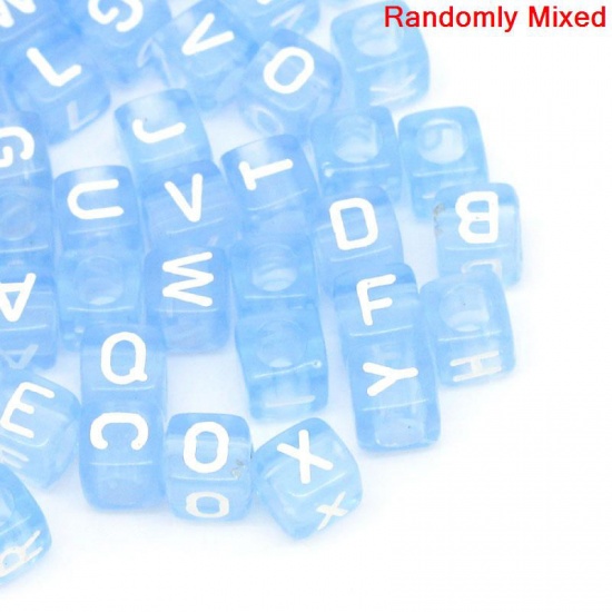 Picture of Acrylic Spacer Beads Cube Blue At Random Mixed Alphabet/ Letter "A-Z" About 6mm x 6mm, Hole: Approx 3.4mm, 300 PCs
