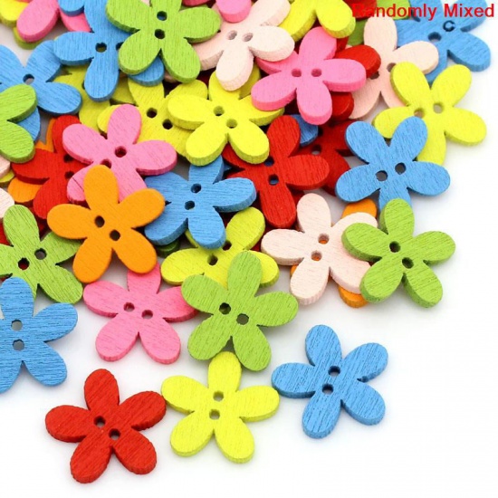 Picture of Wood Sewing Button Scrapbooking Flower At Random Mixed 2 Holes 14mm( 4/8") x 15mm( 5/8"), 200 PCs