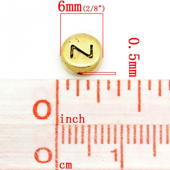 Picture of Zinc Based Alloy Spacer Beads Round Gold Tone Antique Gold Alphabet/Letter Carved About 7mm Dia, Hole:Approx 0.5mm, 50 PCs