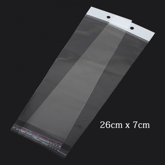 Image de Sachet Pochette Autocollant en Plastique Rectangle Transparent (Espace Utilisable: 21.5cmx7cm) avec Trou d'Accroche 26cm x 7cm, 100 PCs