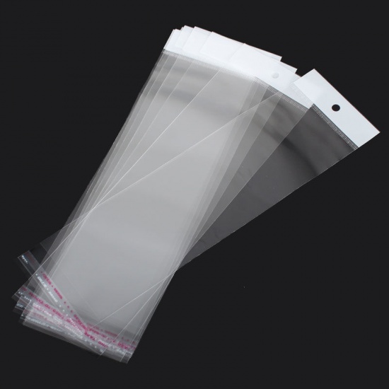 Image de Sachet Pochette Autocollant en Plastique Rectangle Transparent (Espace Utilisable: 21.5cmx7cm) avec Trou d'Accroche 26cm x 7cm, 100 PCs