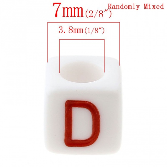 Picture of Acrylic Spacer Beads (Vertical Hole) Cube At Random Mixed Alphabet/ Letter Carved About 7mm x 7mm, Hole: Approx 3.8mm, 300 PCs