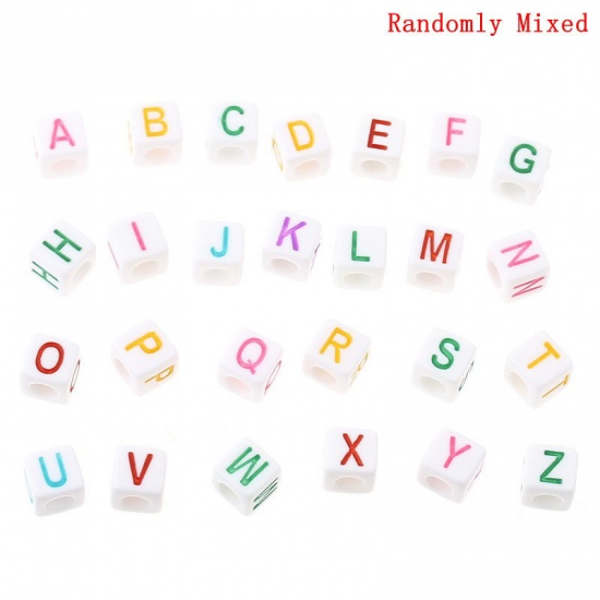 Picture of Acrylic Spacer Beads (Vertical Hole) Cube At Random Mixed Alphabet/ Letter Carved About 7mm x 7mm, Hole: Approx 3.8mm, 300 PCs