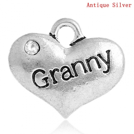 Lega di Zinco Gioielli di Famiglia Charms Cuore Argento Antico Lettere " Granny " Trasparente Strass 16mm x 14mm , 20 Pz